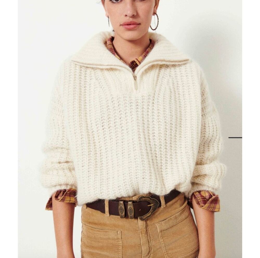 Ba&sh Beltan Alpaca Ribbed Oversized Sweater Cream Designer Chunky Knit Sz Small
